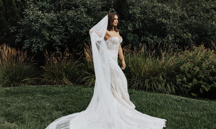 Bride wearing a lace fit-and-flare wedding dress with a cathedral veil in a garden.